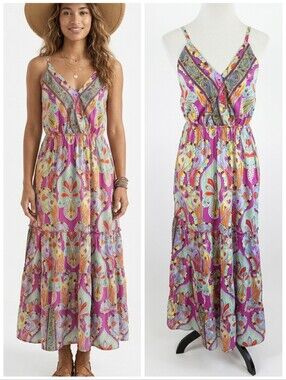 Step In Style Boho Paisley Floral Silky Maxi Dress Women's Size Medium